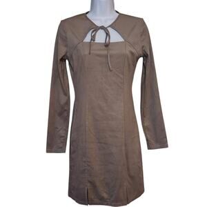 Kendall & Kylie Womens Sheath Dress Size S Taupe Long Sleeve Faux Suede Tie Neck